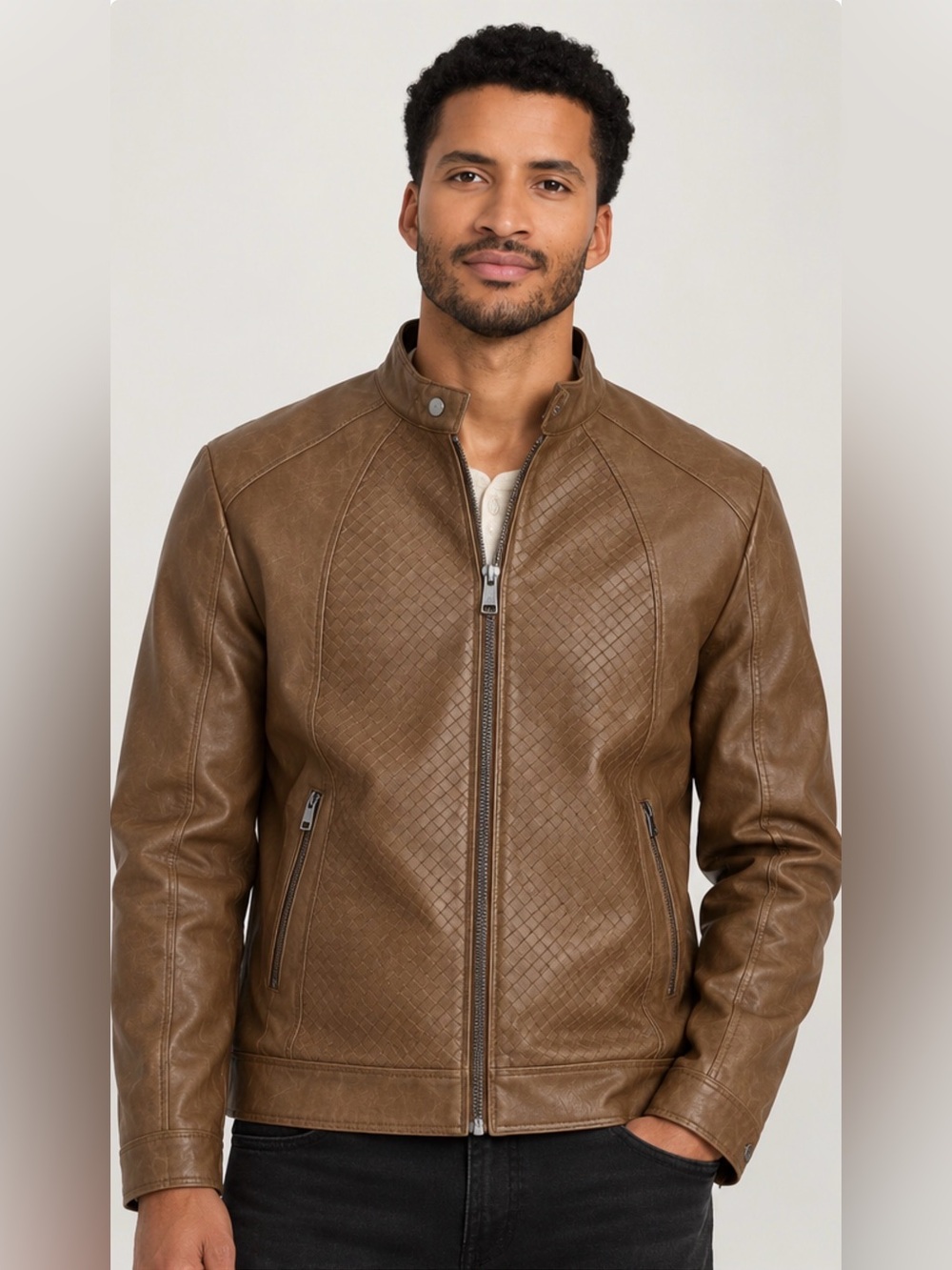 NWT GUESS Brad Braid Biker Jacket Men’s Brown Faux Leather Size S
